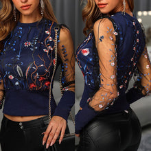 Load image into Gallery viewer, Women&#39;s Patchwork Mesh Embroidered Floral Long Sleeve Blouse
